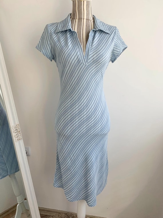 Vintage 90s Shirt Dress for Women Size XS, Blue White Striped Light Summer Dress, Short Sleeve Collared Midi Dress, Viscose Crepe Day Dress