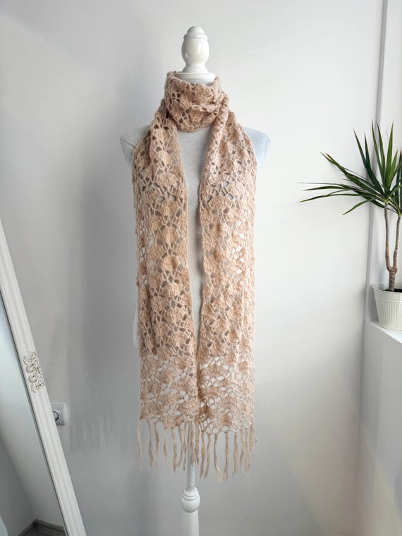 Extra Long Vintage Mohair Scarf, Beige Crochet Lace Wrap, Acrylic Wool Boho Fringed Shawl, Nude Winter Neck Warmer, Cottagecore Aesthetic