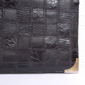 Clutch Disco de los 80, clutch tipo sobre con estampado de cocodrilo, bolso patchwork negro, bolso de hombro de piel auténtica, cartera clutch fina, bolso versátil