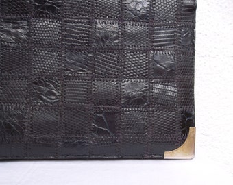 Pochette disco des années 80, pochette enveloppe à imprimé croco, sac en patchwork noir, sac à bandoulière en cuir véritable, pochette fine, sac à main polyvalent