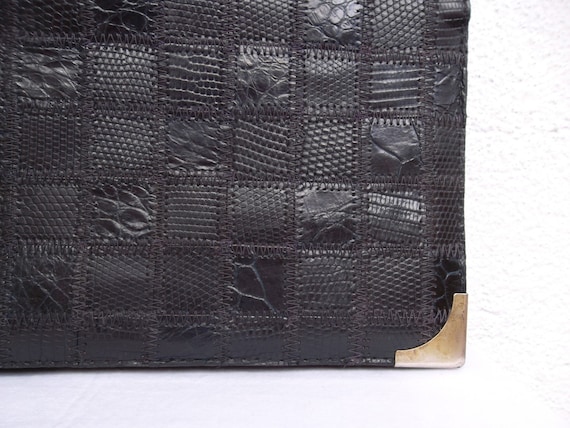 80s Disco Clutch, Croco Print Envelope Clutch, Black Patchwork Bag, Genuine Leather Shoulder Bag,  Slim Clutch Wallet, Versatile Handbag
