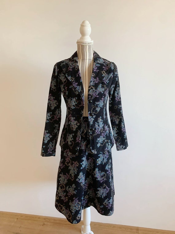 Vintage Corduroy Blazer Skirt Set for Women Size XS Black Blue Floral Velvet Two Piece Skirt Suit Retro Colorful Slim Velveteen Blazer Suit