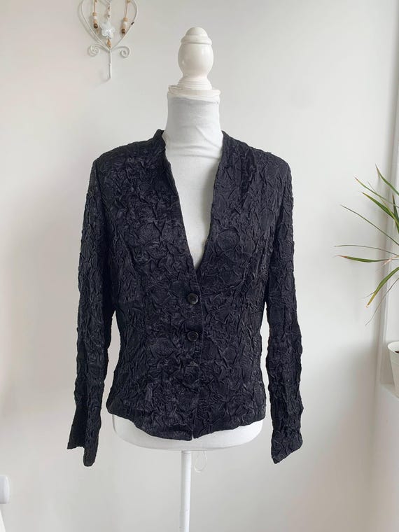 Steilmann Black Crinkle Blazer Size M L, Vintage 90s Avant Garde Light Textured Jacket, Minimalist Fitted Evening V Neck Lapelless Blazer