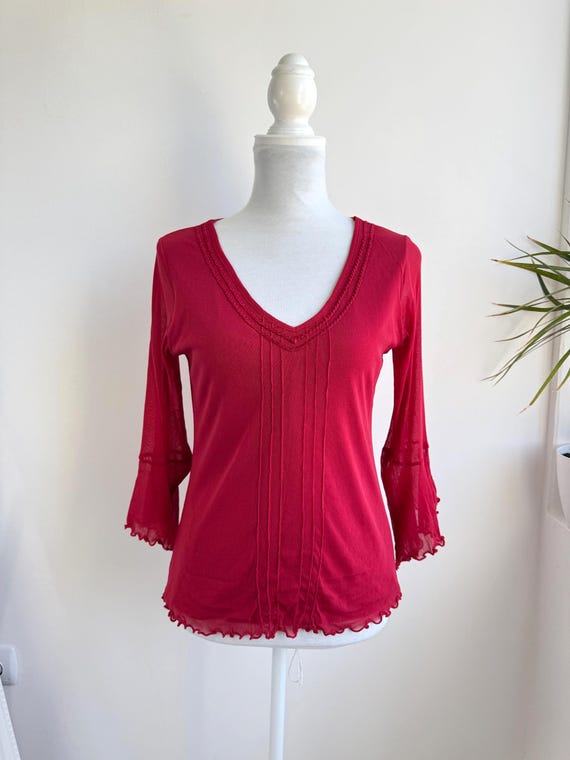 Vintage Brick Red Mesh Y2K Top, Whimsigoth Lettuce Edge Bell Sleeve Shirt, Romantic Goth V Neck Blouse Retro Grunge Sheer Top Layer Size M