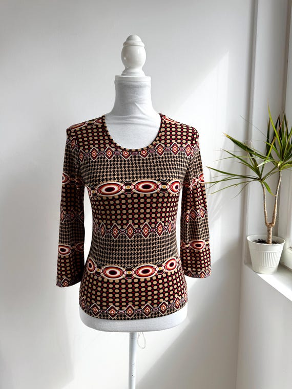 Vintage Mexx Geometric Print Top, 90s Retro Abstract Pattern Blouse with 3/4 Sleeves, Earth Tone Semi Sheer Stretch Designer Tee Size S M