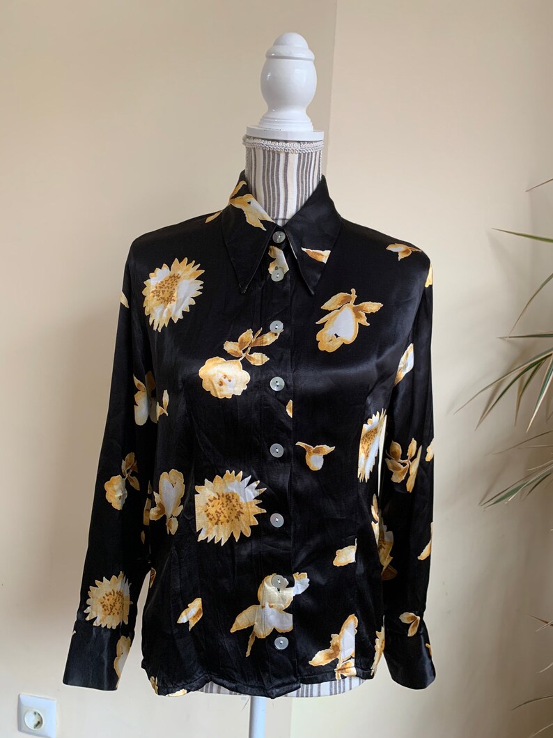 Elegant Vintage Satin Floral Print Loose Shirt main image 1