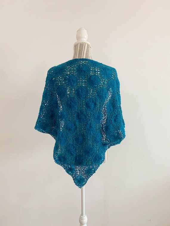 Vintage Turquoise Blue Crochet Lace Shawl, Soft Fluffy Winter Triangular Shawl, Sheer Mesh Floral Shawl Wrap, Acrylic Mohair Bohemian Shawl