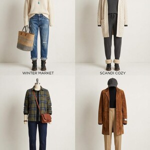 May include: Four outfits displayed on mannequins: a cream jumper with blue jeans and a tote bag labelled WINTER MARKET; a grey turtleneck and trousers with a cream cable-knit cardigan labelled SCANDI COZY; a plaid shirt with jeans and a brown bag labelled CITY LODGE; and a brown suede coat with tan trousers and a cap labelled URBAN UTILITY.