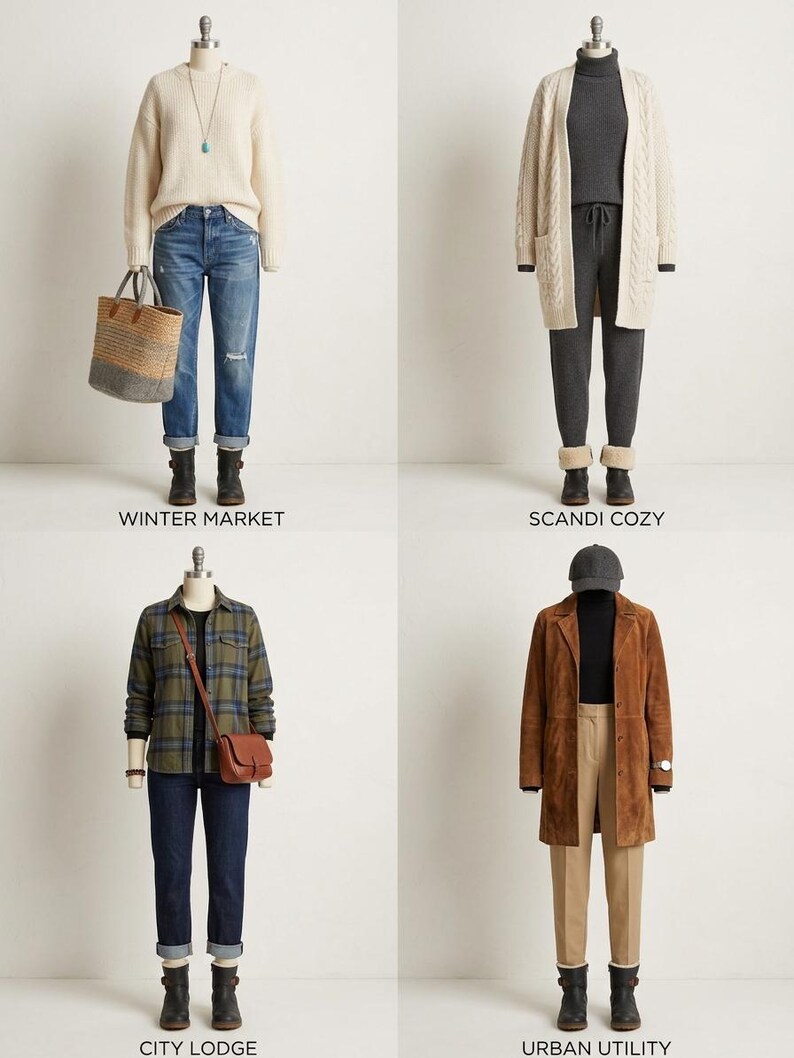 May include: Four outfits displayed on mannequins: a cream jumper with blue jeans and a tote bag labelled WINTER MARKET; a grey turtleneck and trousers with a cream cable-knit cardigan labelled SCANDI COZY; a plaid shirt with jeans and a brown bag labelled CITY LODGE; and a brown suede coat with tan trousers and a cap labelled URBAN UTILITY.