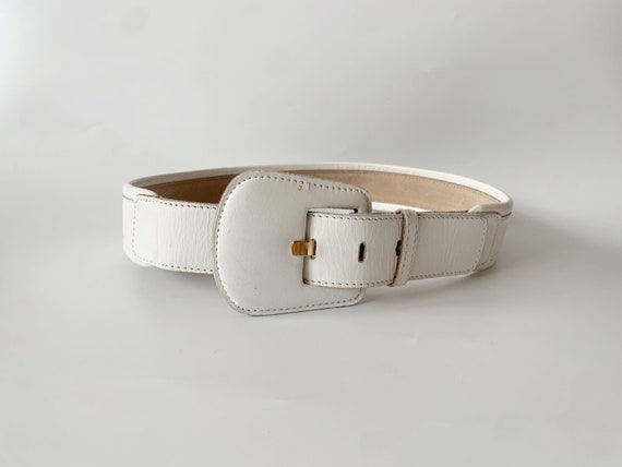 Vintage White Leather Waist Belt for Women, Leather Buckle Waist Cincher 80 cm 31.5", Wide Waist Belt, Vintage 90s Statement Accent Belt