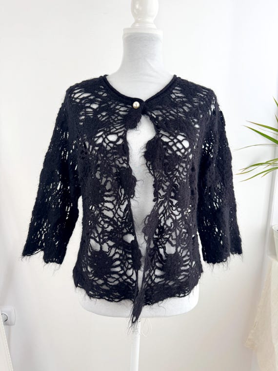 Vintage Mohair Mesh Cardigan, Black Crochet Lace Bolero Sweater Donnaeffe Milano Made in Italy Grunge Goth Fuzzy Knit Sheer Shrug Size M