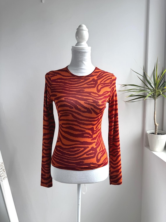 Kookai Tiger Print Top, 90s Y2K Orange Wine Red Animal Print Long Sleeve Stretch Mesh Blouse, Vintage French Sheer Bodycon Top Size S