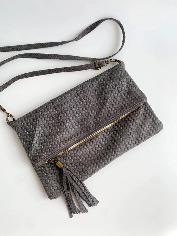Vintage Y2K Grey Envelope Clutch Purse with Detachable Shoulder Strap, Italian Genuine Leather Slim Crossbody Bag, Real Leather Handbag