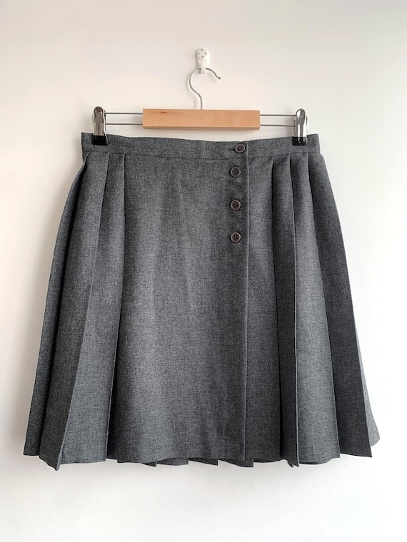 Vintage Grey Pleated Skirt with Side Buttons Size M Medium, Dark Academia Button Front Mini Skirt, 90s Preppy High Waisted A-Line Wrap Skirt