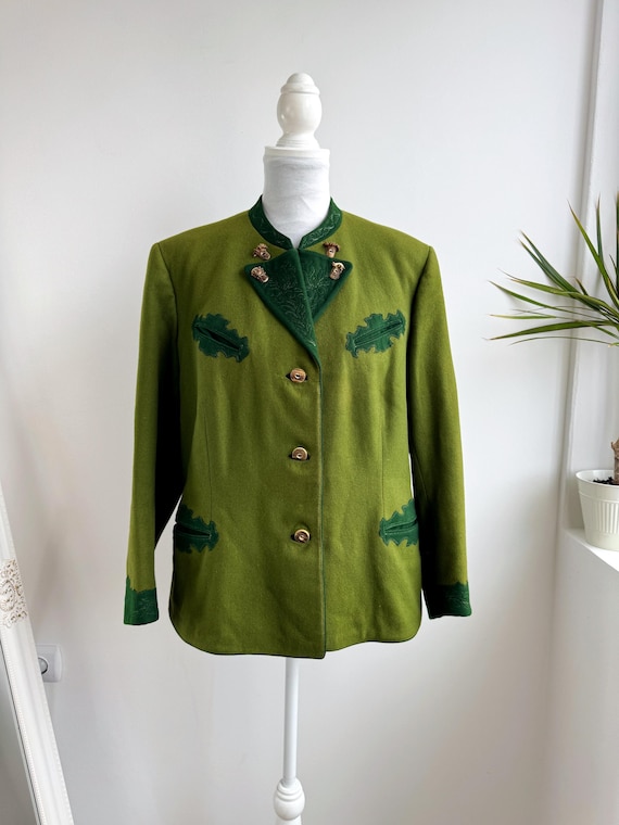 Vintage Austrian Boiled Wool Blazer for Women Size XXL, Trachten Moss Green Tyrolean Loden Jacket, Bavarian Oktoberfest Folk Dirndl Coat