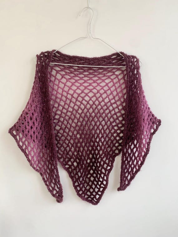 Burgundy Mauve Pink Knit Triangle Shawl, Boho Small Crochet Net Scarf, Deep Plum Open Weave Wrap, Fishnet Shawlette, Fall/Winter Cover-Up
