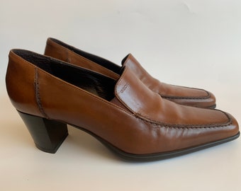 Zapatos vintage de piel marrón Y2K para mujer de Geox Respira, zapatos de tacón de bloque con punta cuadrada, zapatos sin cordones, mocasines talla 37, EE. UU. 6, Reino Unido 4