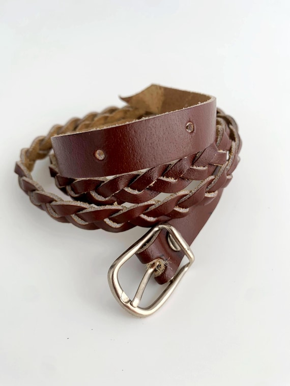 Vintage Brown Leather Belt for Women, Thin Leather Belt, Braided Belt, Boho Skinny Belt, Extra Slim Belt, Bohemian Waist Belt, Cinch Belt
