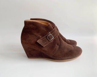 Vintage Suede Leather Ankle Boots for Women Size UK 6, EUR 39, US 8, Suede Platform Boots, Brown Suede Leather Shoes, Wedge Heel Booties