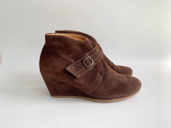 Vintage Suede Leather Ankle Boots for Women Size UK 6, EUR 39, US 8, Suede Platform Boots, Brown Suede Leather Shoes, Wedge Heel Booties