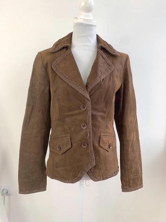 Vintage Mottolino Brown Leather Blazer Women's Size Medium, 90s Retro Western Stitching Detail Fitted Leather Moto Style Cropped Jacket