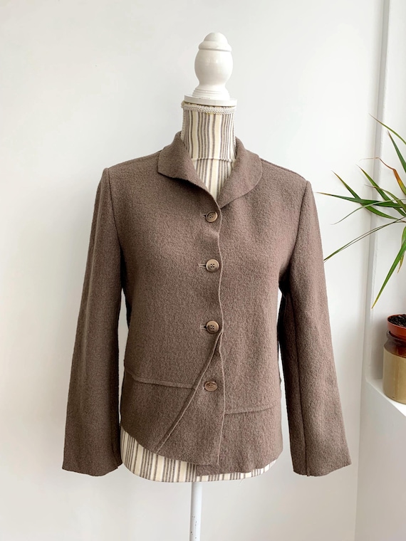 Vintage 90s Taupe Boiled Wool Blazer for Women Size S, Asymmetrical Button Up Boucle Blazer, Unlined Short Autumn Coat, Warm Cozy Cardigan