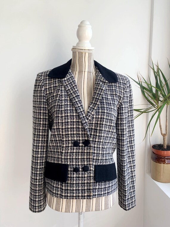 Vintage 90s Plaid Tweed Blazer for Women Size M, Black and White Check Wool Jacket, Double Breasted Boucle Monochrome Cropped Coat