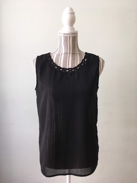 Vintage Black Pure Silk Tank Top Size S, 80s Eyelet Scooped Neck Sheer Silk Top, See Through Blouse, Loose Fit Sleeveless Shirt for Women