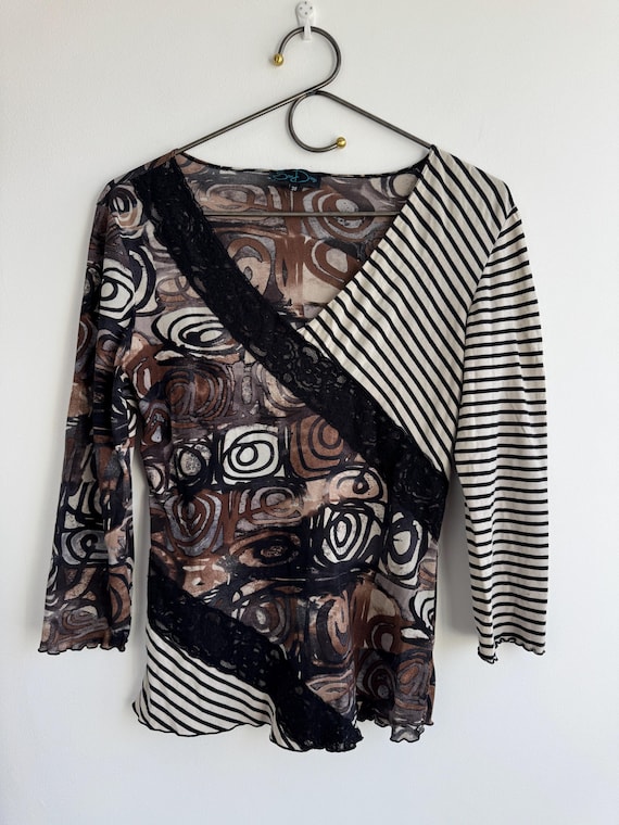 Vintage 90s Mesh Blouse Women, Eclectic Abstract Print Striped Patchwork Top, Lace Trim 3/4 Sleeve Mixed Media Shirt by San Diego Size M
