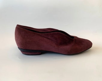 Burgundy Suede Leather Loafers Women Size 37 UK 4 US 6, Maroon Mules Shoes, Ankle High Flats, Pointy Toe Slip Ons, Vintage Low Heel Pumps