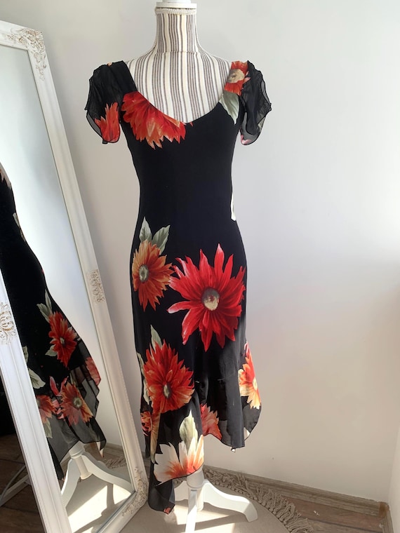 French Vintage Black Floral Sleeveless Maxi Dress Size S, 90s Y2K Summer Sheer Dress with Lining, Elegant Romantic Asymmetrical Hemline Gown