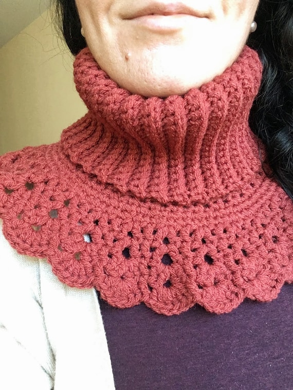 Vintage Brick Red Crochet Lace High Neck Collar, Boho Chic Warm Knitted Cowl, Bohemian Turtleneck Scarf, Wool Muffler, Winter Neck Warmer