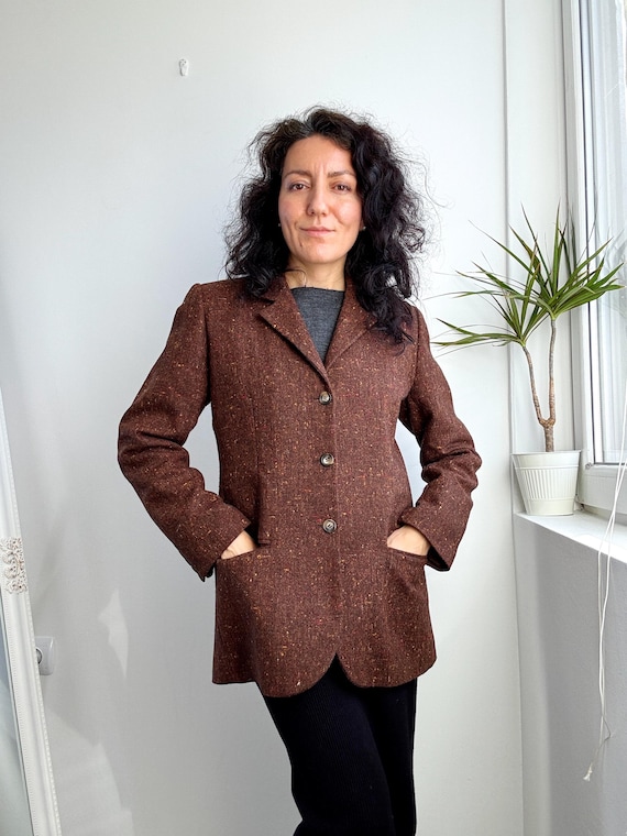 Vintage 90s Italian 100% Wool Tweed Blazer, Brown Speckled Jacket Women’s Size M Marcellacolli Made in Italy Academia Aesthetics Sports Coat