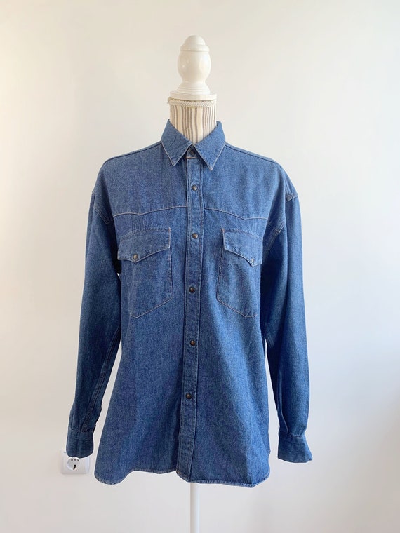 Vintage Women's Dark Blue Denim Shirt Size L XL, Oversized Jeans Shirt Jacket, Thick Chambray Button Up, Loose Fit Collared Boyfriend Shirt