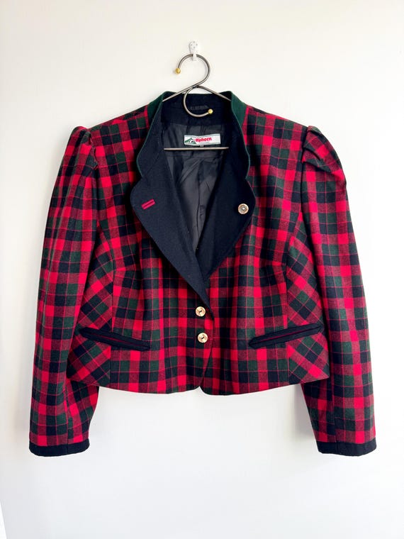 Vintage Austrian Alphorn Plaid Wool Blazer for Women Size XXL, Cropped Trachten Jacket Red Black Green Check Cottagecore Folk Dirndl Coat