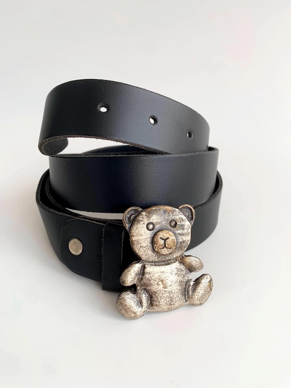 Vintage Black Leather Belt With Silver Bear Buckle, Teddy Bear Leather Jeans Belt, Women's Real Leather Belt, Unique Waist Belt Gift for Her