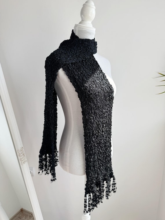 Vintage Black Knitted Scarf With Long Fringe, Textured Chunky Knit Shawl Wrap, Evening Formal Shoulder Cover Up, Warm Cozy Gift for Her