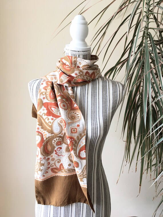 Soft Oblong Women's Neck Scarf with Paisley Print in Burnt Orange and Light Brown, 70s Style Double Sided Vintage Scarf