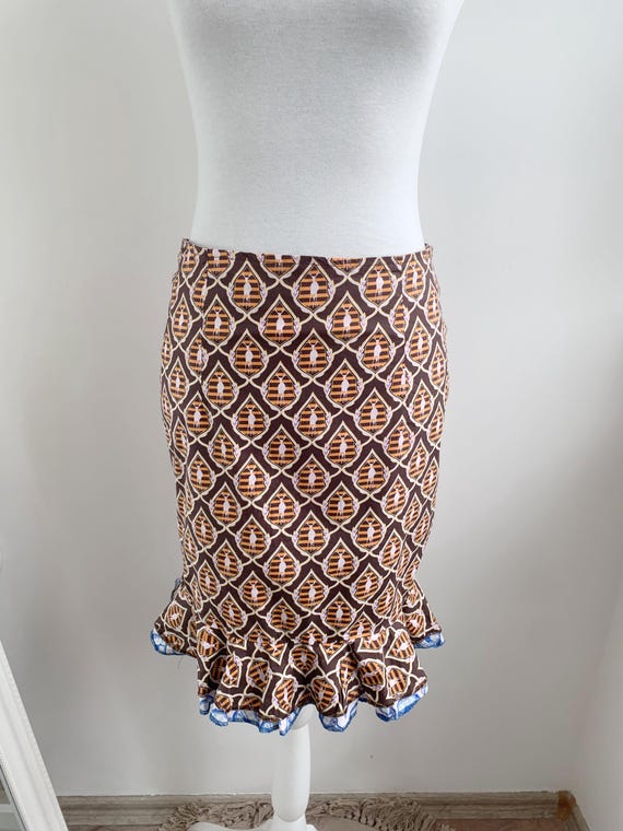 Vintage Y2K HILD RIEF Brown Orange Deer Print Ruffle Skirt Size S, Unique Retro Pencil Skirt with Crest Animal Pattern, Peplum Mini Skirt