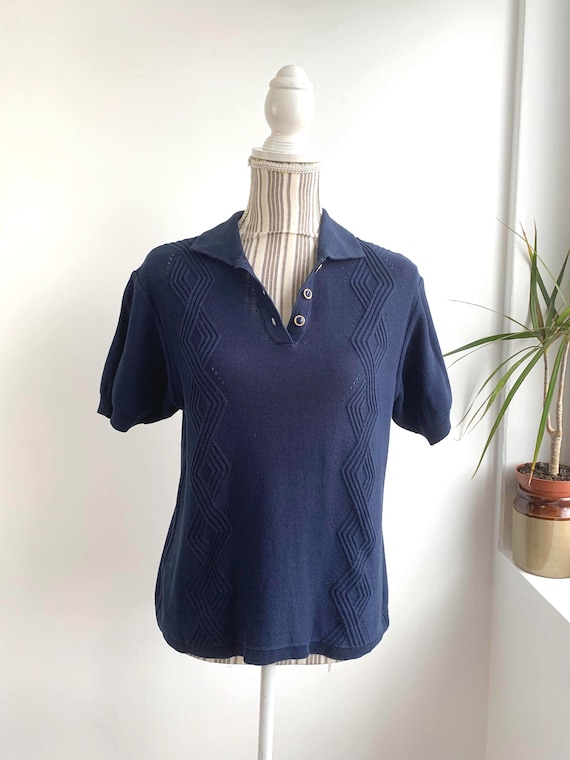 Vintage Italian Navy Knit Polo Top, Old Money Aesthetic Cotton Sweater, Quiet Luxury 80s Nautical Short Sleeve Pullover Made in Italy M L