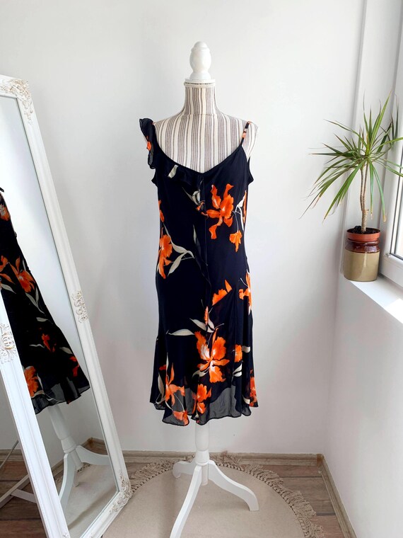 Vintage Black Orange Floral Sleeveless Midi Slip Dress Size L Y2K Summer Sheer Chiffon Ruffled Asymmetrical Neck Tie Back Romantic Sun Dress
