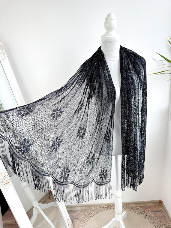 90s Black Silver Lame Lace Shawl, Sheer Rectangular Fringed Shawl, Boho Chic Mesh Piano Shawl, Bohemian Shawl Wrap Floral Shawl With Tassels