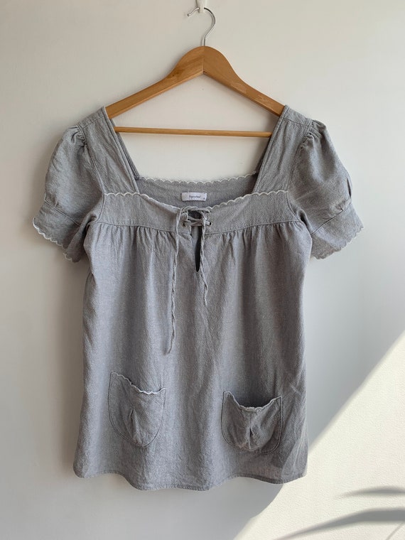 Vintage Linen Chemise Blouse Size XS, Boho Romantic Cottagecore Peasant Blouse, Light Blue Grey Cotton Shirt, Summer Festival Boho Top Gift