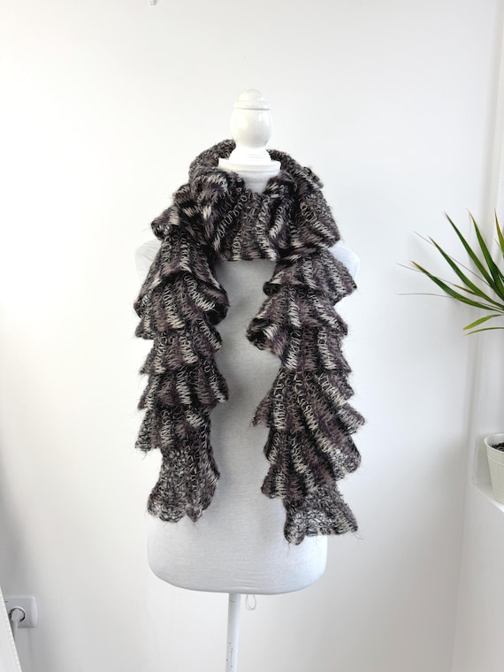 Vintage Taupe Ruffle Knit Boa Scarf, Brown Beige Multi Tonal Mohair Shawl, Y2K Fairycore Earthy Grunge Wrap, Neutral Potato Chip Scarf