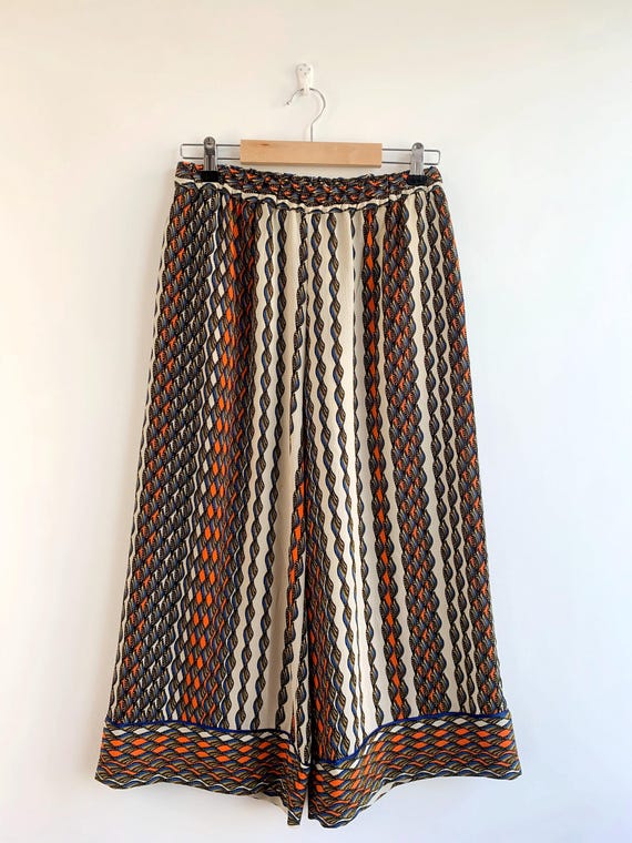 Vintage Sisley Palazzo Pants for Women Size S, Psychedelic Wide Leg Culottes, 90s Boho Tribal Trousers Bohemian Summer Cropped Gaucho Pants