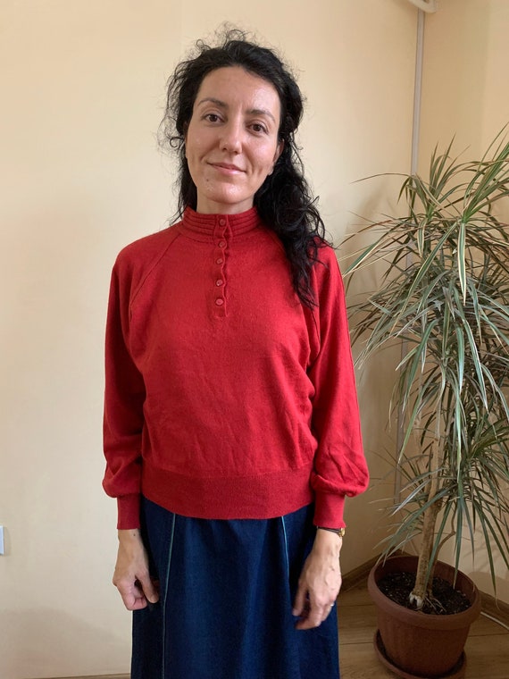 Vintage 80s Brick Red Long Sleeve Sweater Size S, Super Soft Wool Blend High Neck Jumper, Button Up Collared Pullover, Winter Polo Shirt