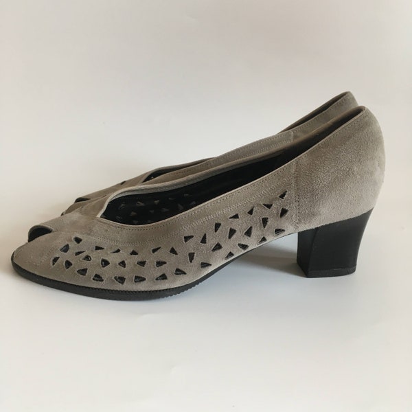 Grey Peep Toe Cut Out Shoes for Women, Vintage Suede Leather Block Heel Shoes, Open Toe Low Heel Pumps, Summer Sandals, Size UK 5, EU 38