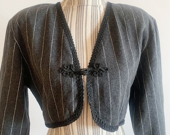 Vintage Grey Wool Blazer for Women Size L, Unlined Open Front Blazer, Short Blazer Coat, Wool Cropped Jacket, Shoulder Pads Fall Bolero Coat