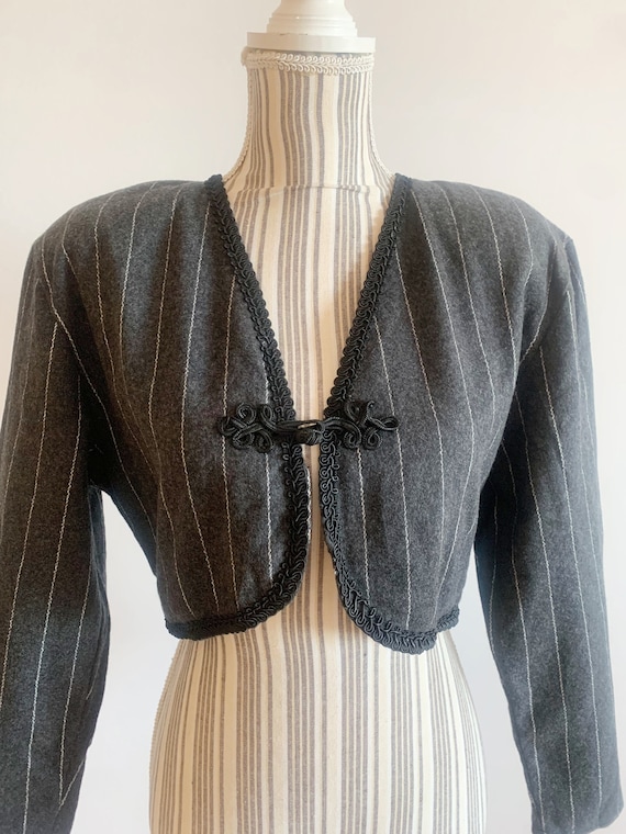 Vintage Grey Wool Blazer for Women Size L, Unlined Open Front Blazer, Short Blazer Coat, Wool Cropped Jacket, Shoulder Pads Fall Bolero Coat