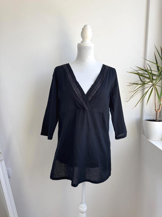 Vintage Black Cotton Tunic Blouse, V Neck Lace Trim Boho Top, Summer Pullover Retro Gauze Shirt, Loose Casual Minimalist 3/4 Sleeve Blouse L